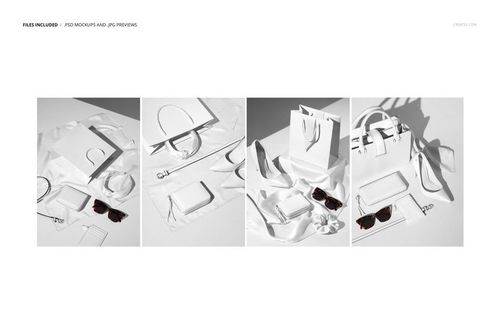 Front view of women’s fashion accessories mockup set with handbags, sunglasses, scarves, wallets, and belts in a neutral scene.