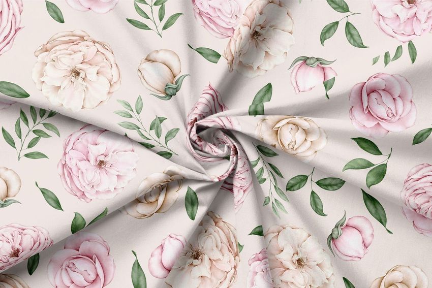 Creased fabric mockup featuring a watercolor floral pattern with pink and cream roses and green leaves on a light background.