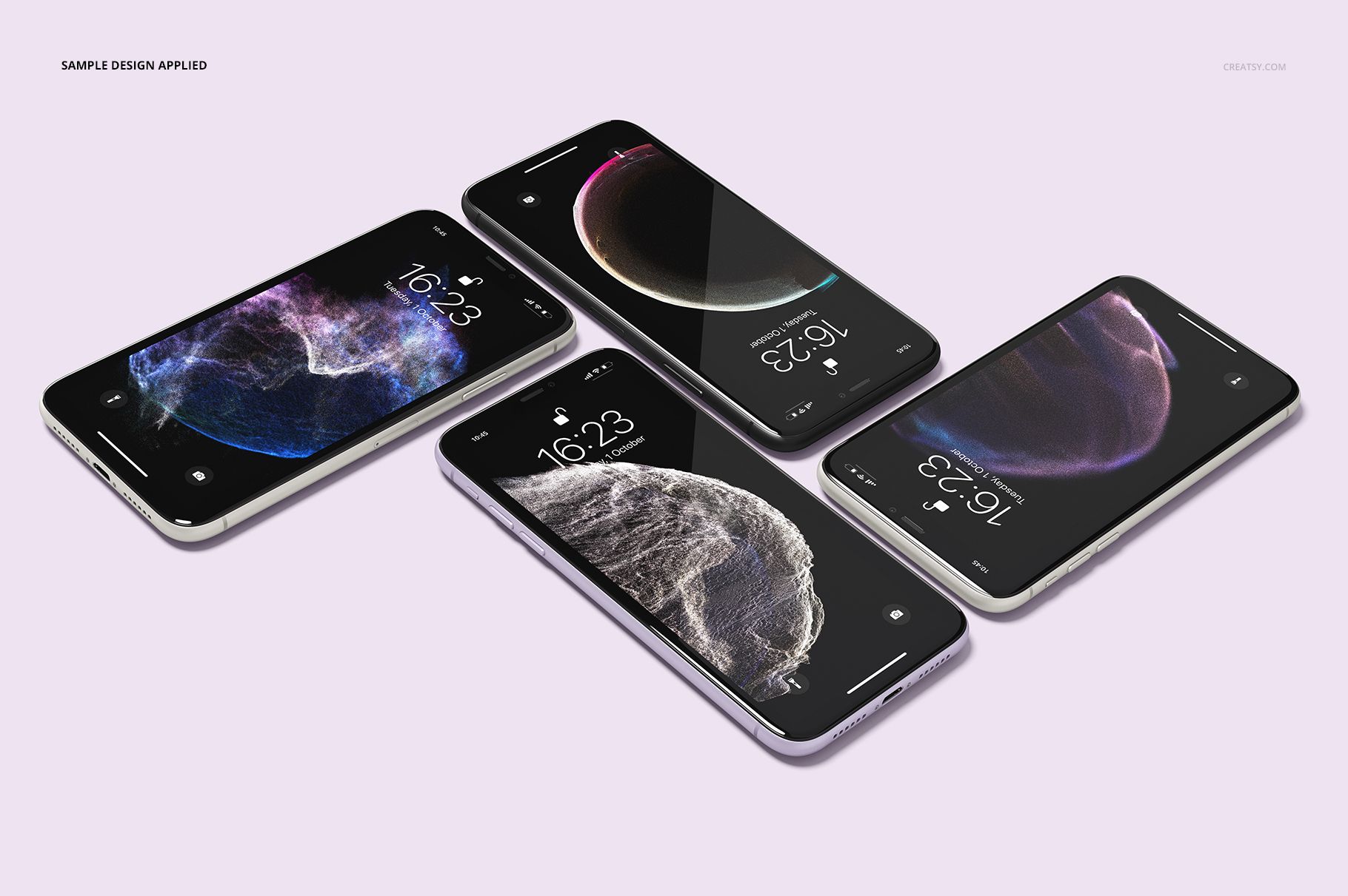 iPhone 11 mockup set with four phones in assorted colors, viewed from an angled top perspective on a pastel background.