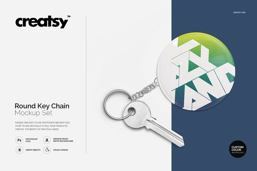 Mockup of a round key chain with a metal key and circular fob displaying abstract green and white shapes on a clean background.