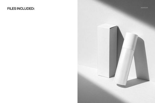 Minimalist airless bottle and box mockup in white, shown in a bright setting with soft shadow details.