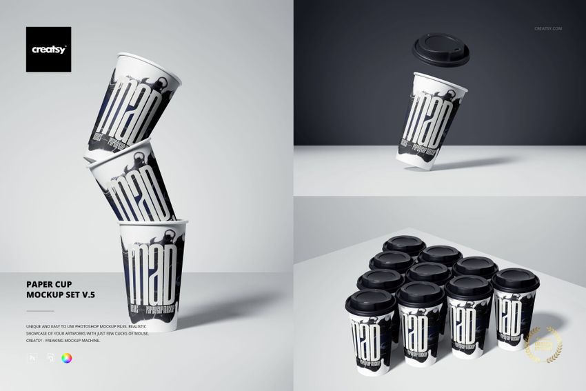 Paper cup mockup featuring a bold monochrome pattern, displayed in a vertical stack and arranged in rows.