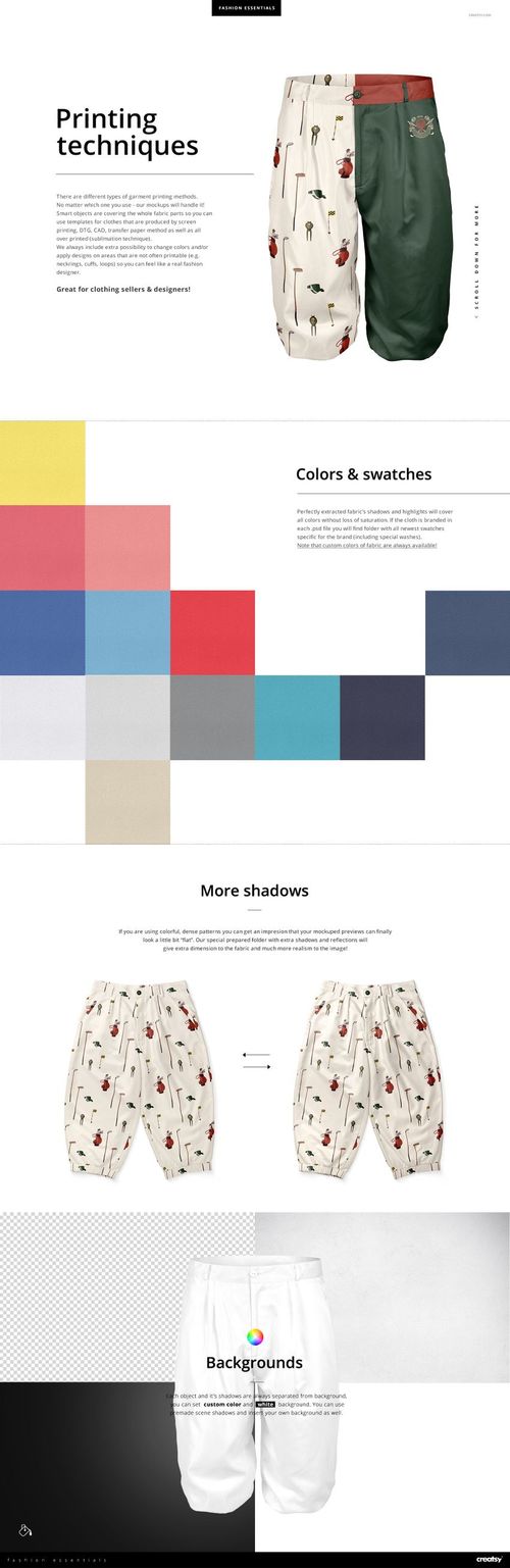 Front view of men's polyester golf knickers mockup with one leg in solid green and the other in cream with red and brown golf-themed pattern.