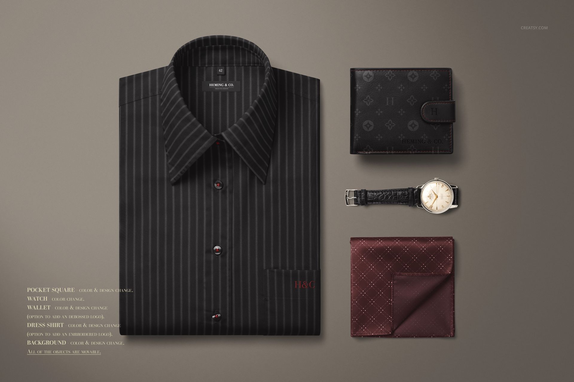 Top view of a men's fashion PSD mockup set with a striped shirt, leather wallet, watch, and folded pocket square.