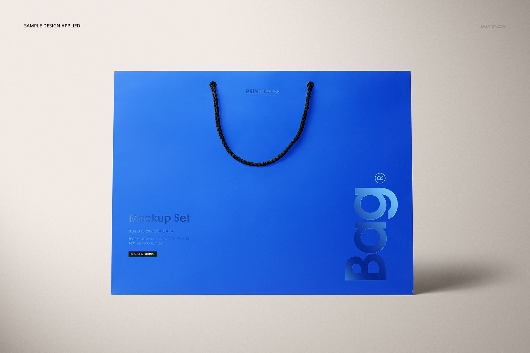 Eurotote bag mockup with a bold blue color, black rope handles, and front view against a light background.