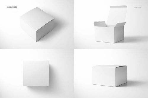 Glossy chipboard gift box mockup set featuring four views of a plain white rectangular box on a light background.