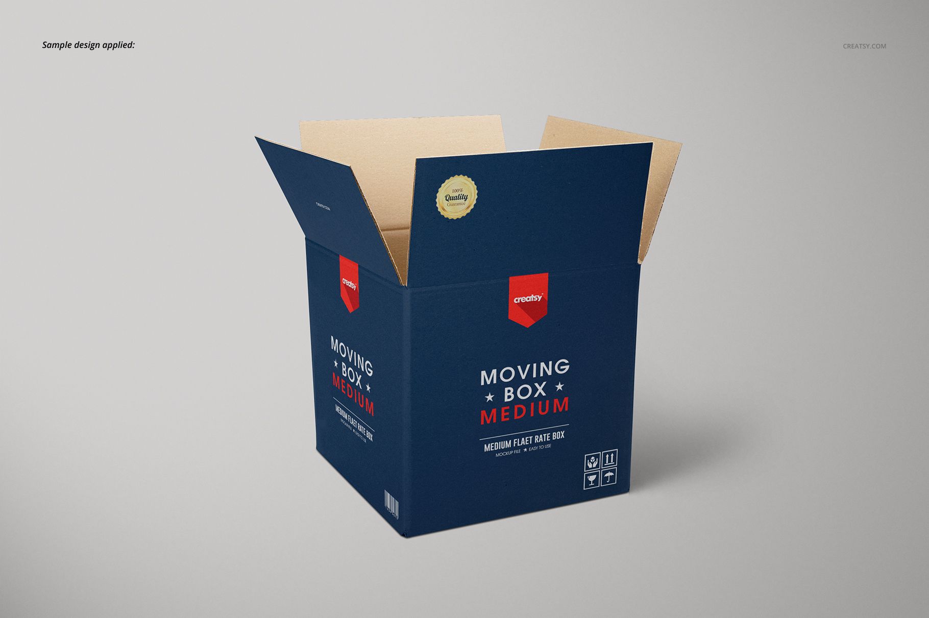 Open cardboard moving box mockup with dark blue color and visible interior, shown from a slight angle on a plain surface.