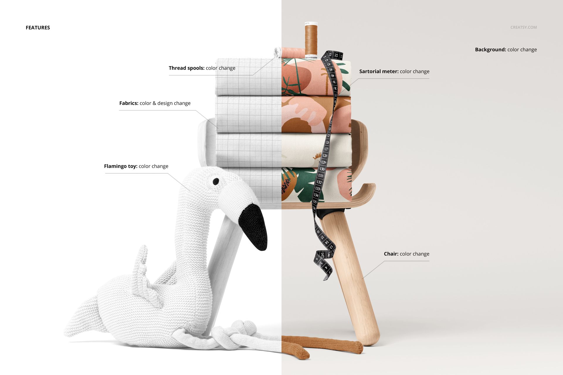 PSD mockup showing multiple fabric rolls with different designs arranged on a chair, accompanied by a flamingo plush.
