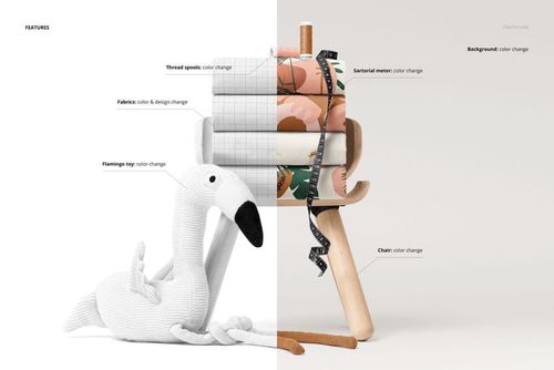 PSD mockup showing multiple fabric rolls with different designs arranged on a chair, accompanied by a flamingo plush.