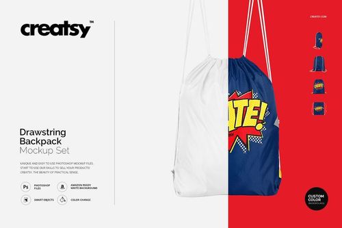 Drawstring backpack mockup showing a half white, half blue bag with bold pop art graphics, displayed from the front.