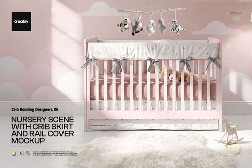 Front view of a pink crib with a white crib skirt and rail cover decorated with small hearts in a nursery mockup.