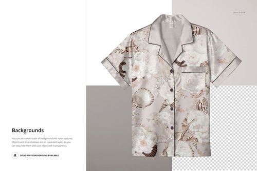 Front view of a silk short-sleeve pyjama shirt featuring a detailed floral and shell design on a PSD mockup.