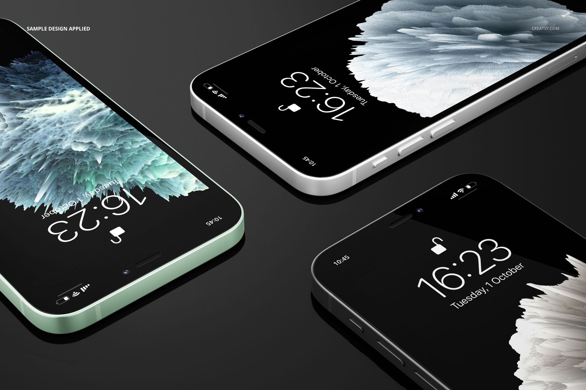 iPhone 12 PSD mockup set featuring three phones with unique lock screen patterns, viewed from a diagonal top angle.