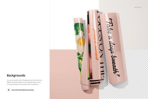 PSD mockup of multiple rolled posters with different prints and text, arranged vertically on a two-tone surface.