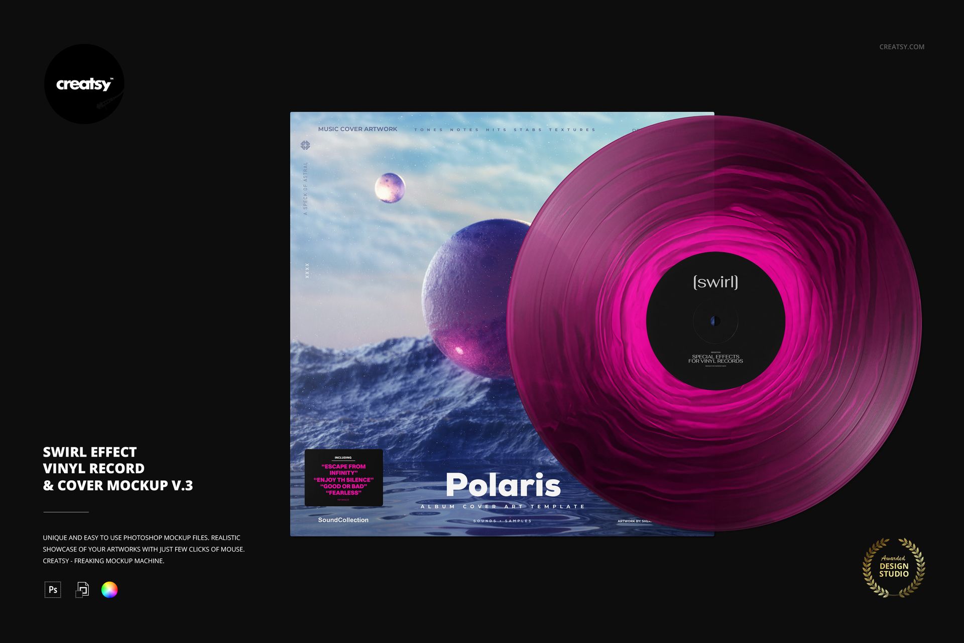 Vinyl record mockup with pink swirl pattern, shown in front of a cover displaying blue water and abstract spheres.