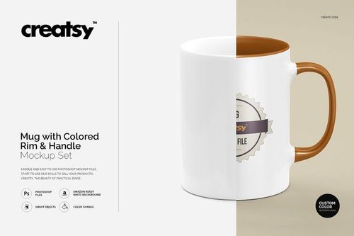 PSD mockup of a white mug featuring a brown rim and handle, displayed from the right side with neutral backdrop.