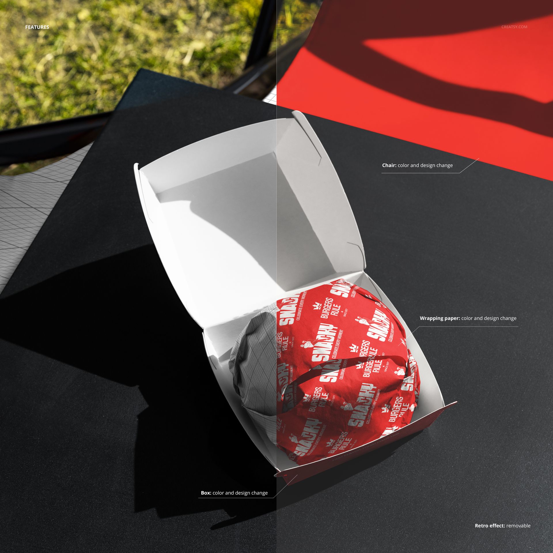 PSD mockup showing a garden folding chair and a table with a burger in an open white box, sunlight on the scene.