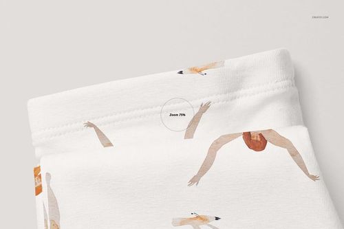 Close-up top view of white baby leggings mockup featuring scattered illustrated arms and birds on the fabric.