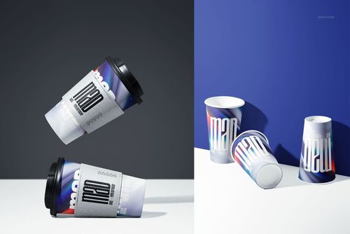 Paper cup mockup set featuring two cups with sleeves and lids in a creative arrangement, and three cups on their sides.