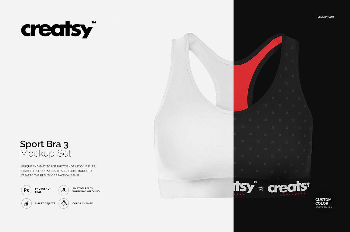 PSD mockup showing sport bras from the front, featuring a white version and a black star-patterned version with red lining.