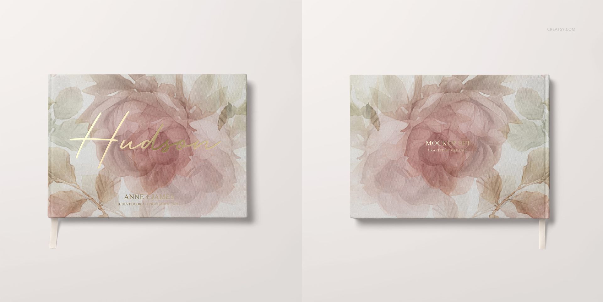 Two landscape wedding guest books with soft floral covers, shown side by side on a light background, front view.