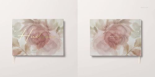 Two landscape wedding guest books with soft floral covers, shown side by side on a light background, front view.