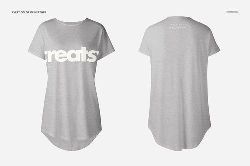Front and back view of a women's longline t-shirt mockup in light heather gray with white text design.