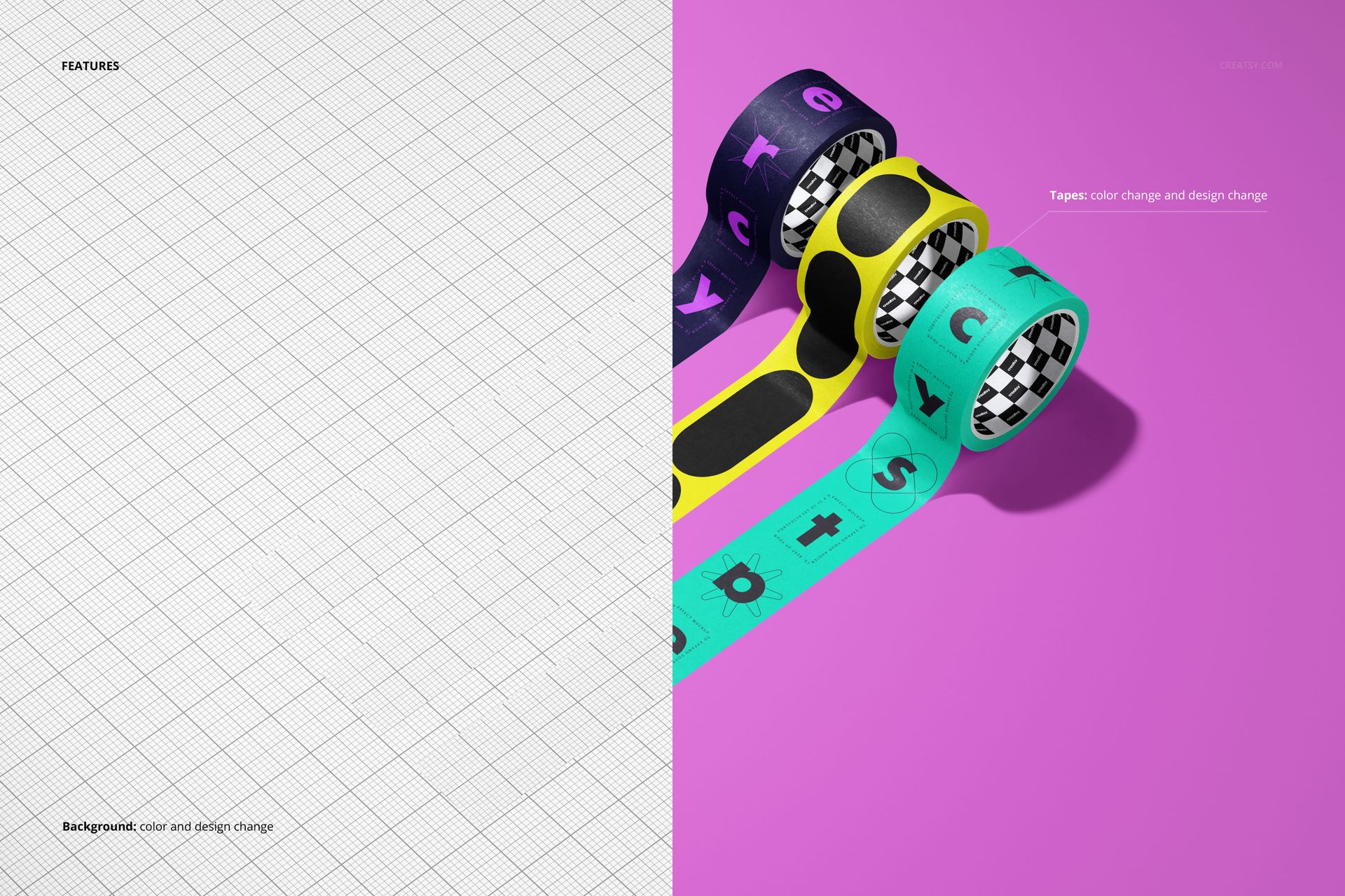 Colorful packaging tape mockup featuring three rolls with geometric and typographic designs, shown from a side angle.