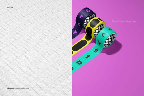 Colorful packaging tape mockup featuring three rolls with geometric and typographic designs, shown from a side angle.