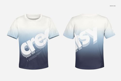 Front and back view of a polyester kids t-shirt mockup with a blue gradient design on a plain background.