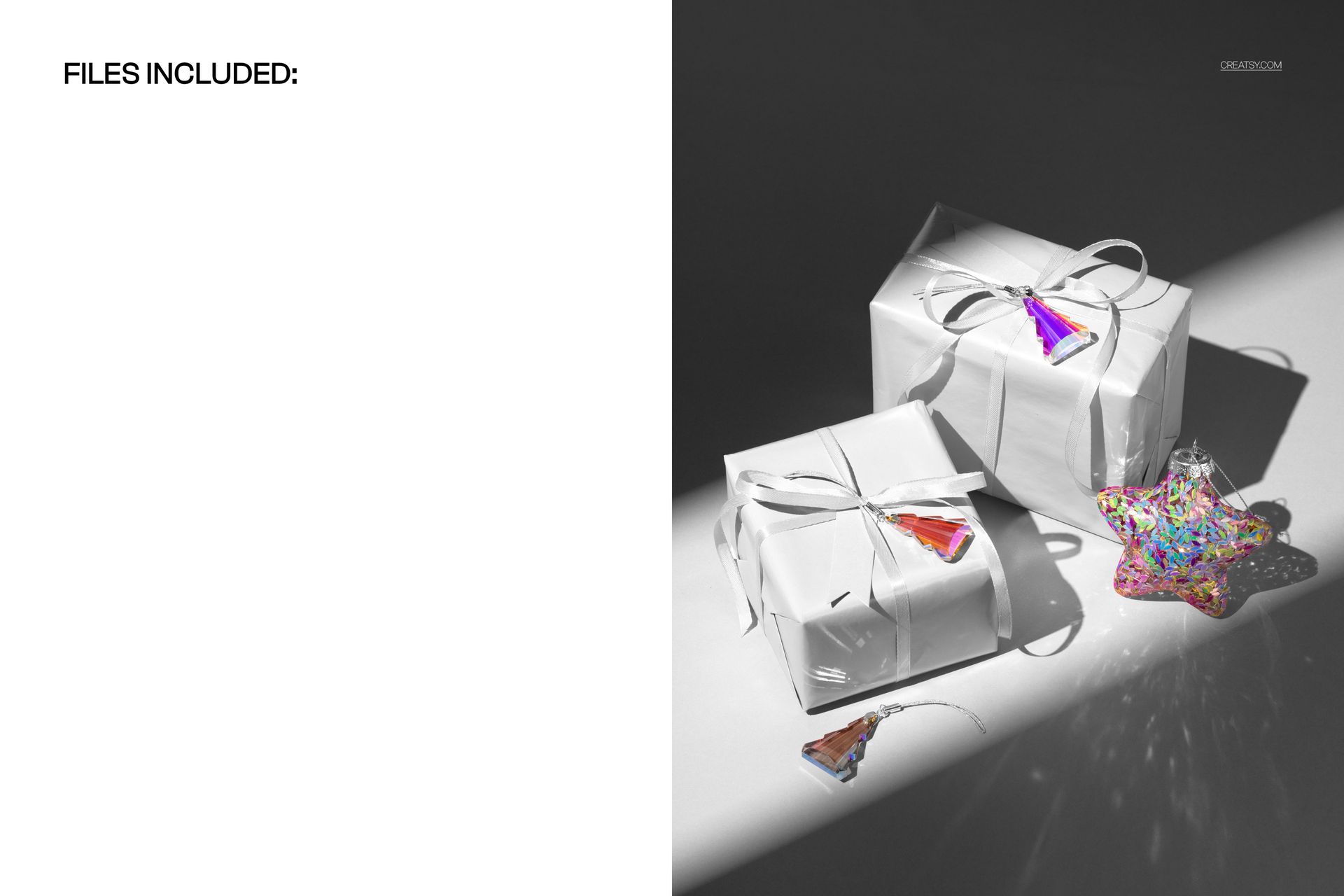 Christmas gift boxes wrapped in white paper and ribbon, shown with star and tree ornaments in a PSD mockup scene.