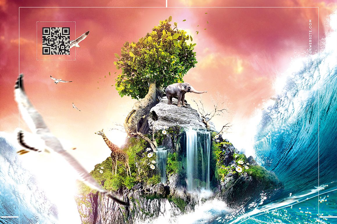 Front view of a poster mockup featuring a surreal island with a tree, animals, waterfall, and flying seagulls against a vibrant sky.