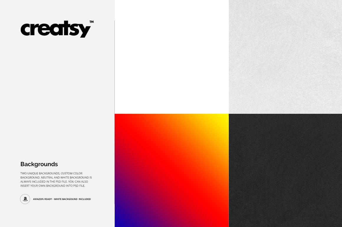 Art print mockup set displaying four square backgrounds: plain white, light gray texture, black, and colorful gradient.