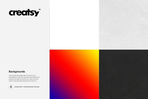 Art print mockup set displaying four square backgrounds: plain white, light gray texture, black, and colorful gradient.