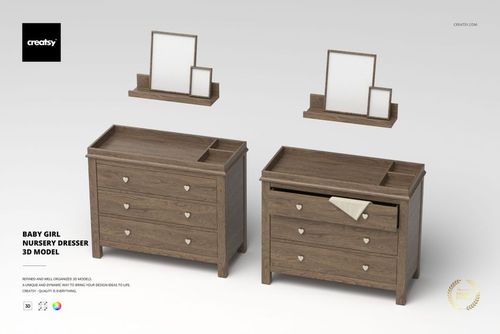 Front view of two wooden nursery dressers with heart-shaped drawer handles, shown with matching wall shelves and frames.