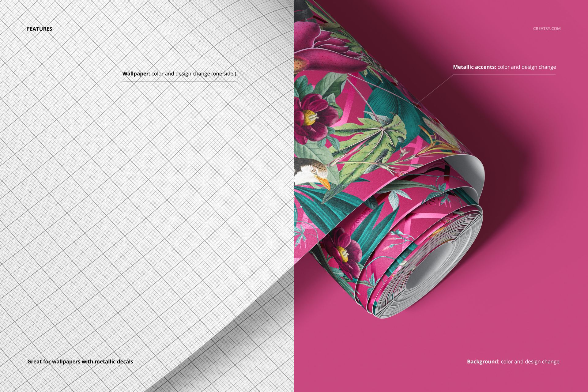 PSD mockup featuring a rolled floral wallpaper design on pink, next to a blank grid wallpaper template in front view.