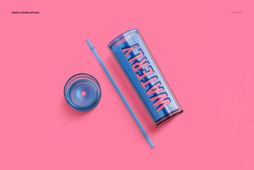 Double-wall acrylic tumbler mockup shown disassembled on a pink background, featuring lid, straw, and body.