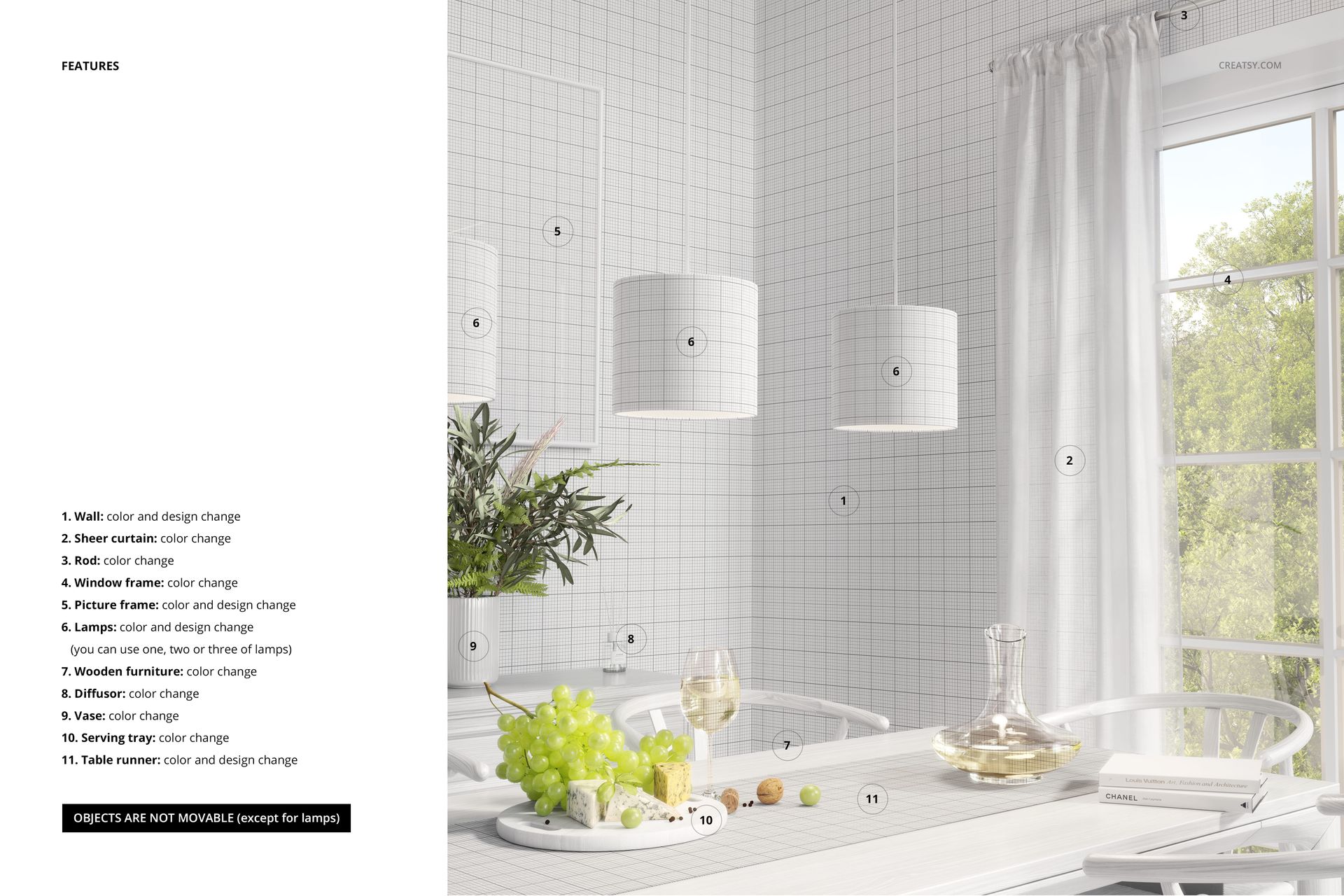 PSD mockup showing a modern dining area with two patterned lamp shades, white furniture, and a large window with curtains.