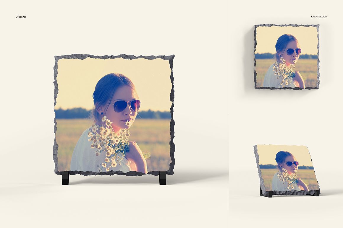 Square rock slate mockup with rough edges, featuring a floral design, shown in three different perspectives on a neutral background.