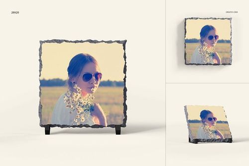 Square rock slate mockup with rough edges, featuring a floral design, shown in three different perspectives on a neutral background.