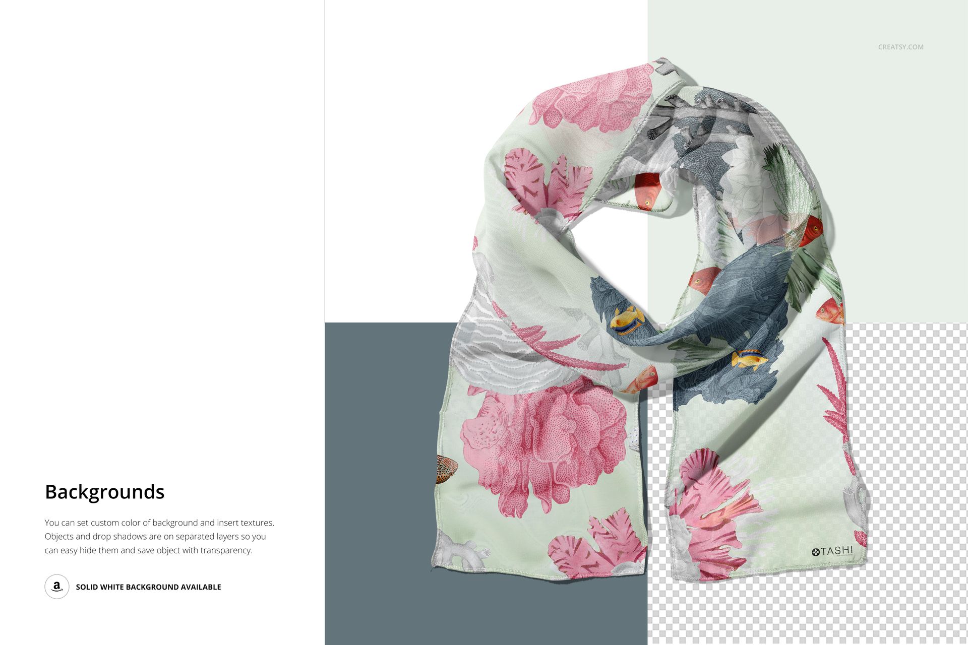 Chiffon silk scarf with pink and gray floral pattern displayed in a front view on a split-color background.