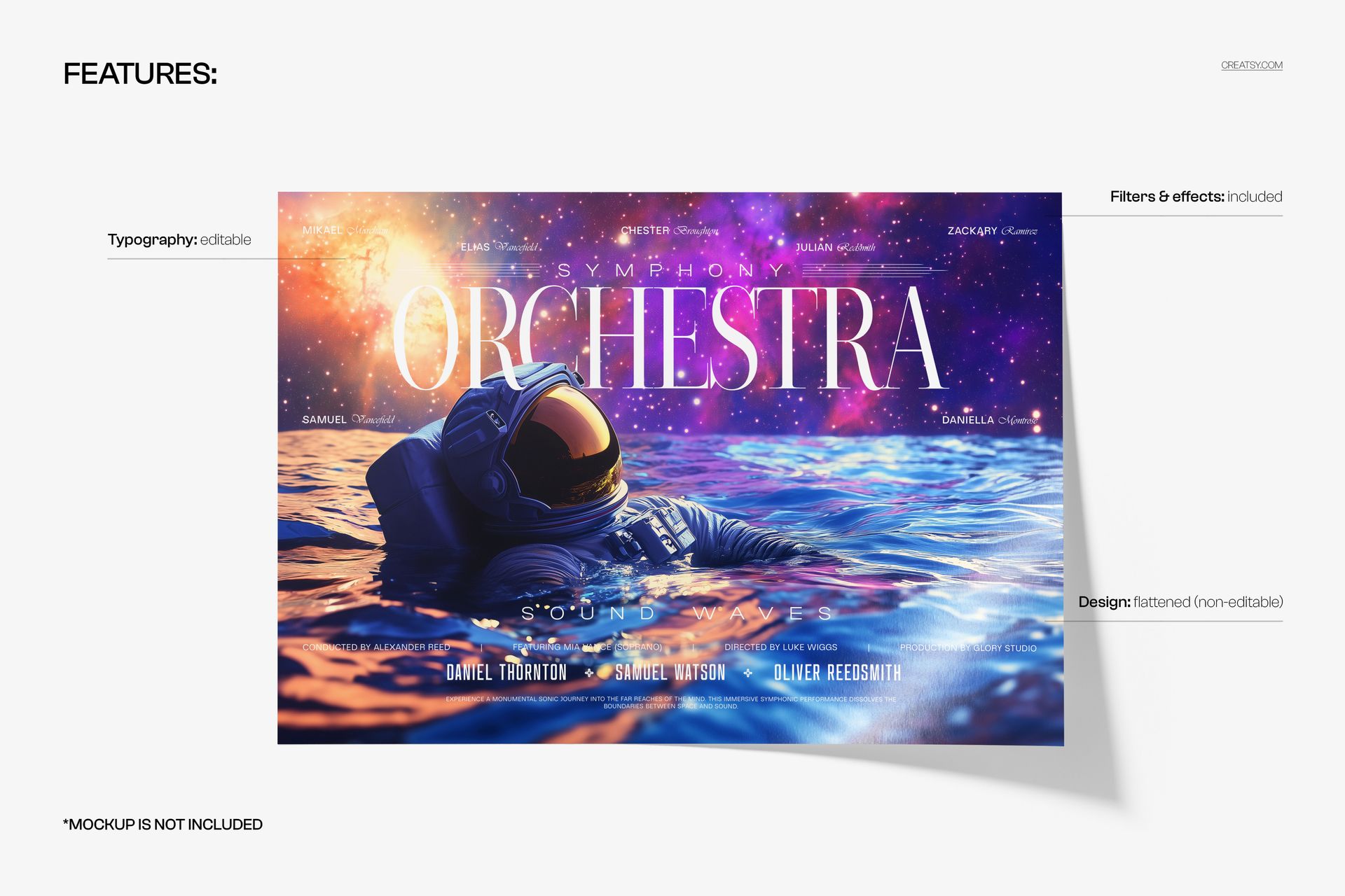 Poster mockup featuring an astronaut floating in vibrant alien ocean waters, with a cosmic sky and bold typography.