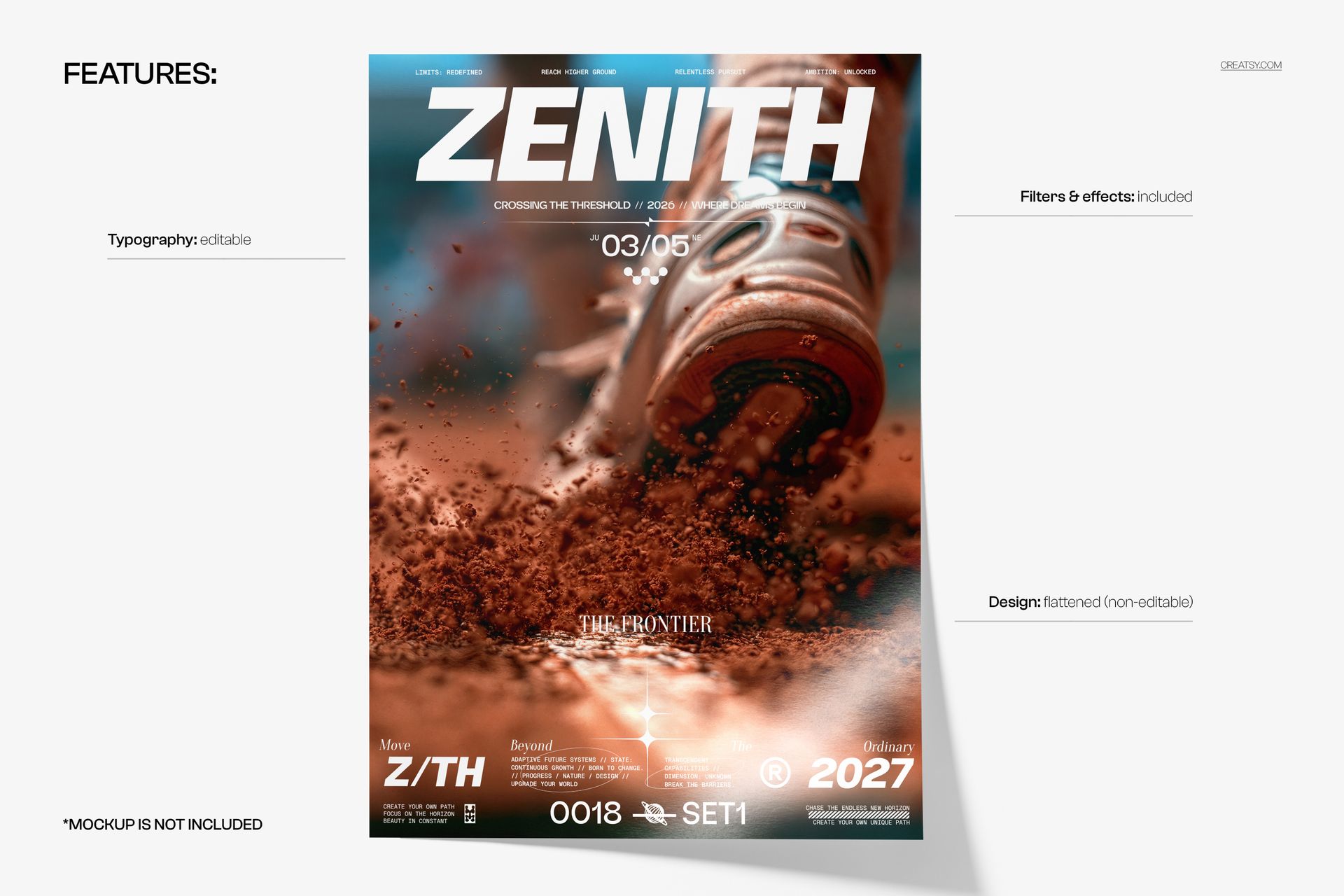 Poster mockup displaying a close-up of a running shoe on a dirt surface, with editable typography and effects.