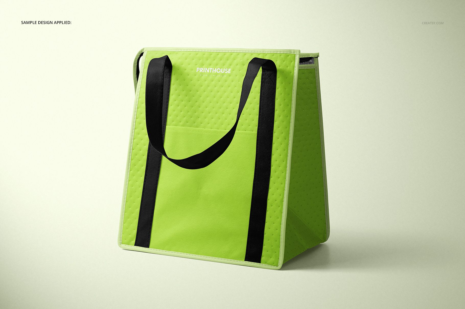 Mockup of a Therm-O-Tote insulated cooler bag in bright green with black straps, shown from a front side perspective.