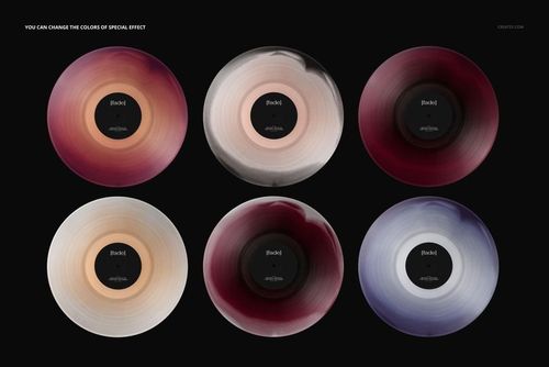 Front view of six vinyl records with gradient fade effects, shown as a PSD mockup against a black background.