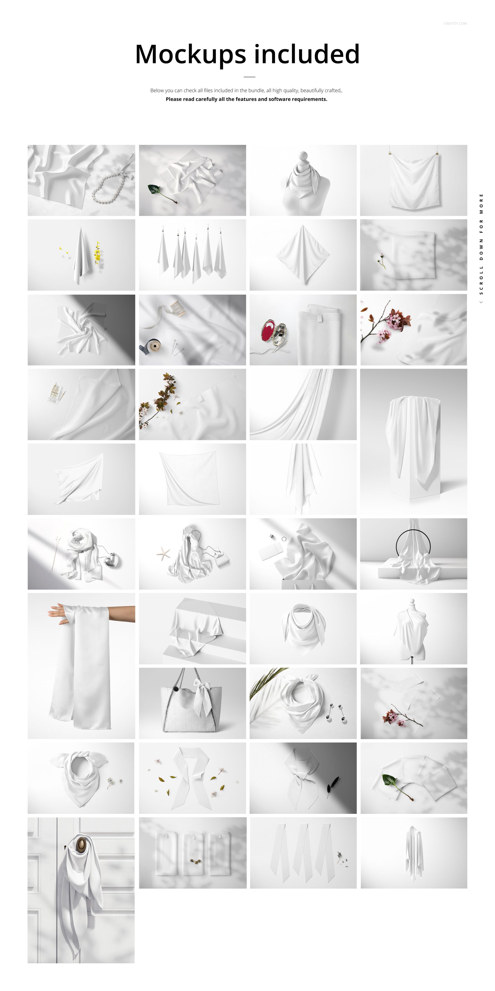 Multiple silk fabric mockups arranged in a grid, featuring draped, folded, and hanging textiles in white tones.