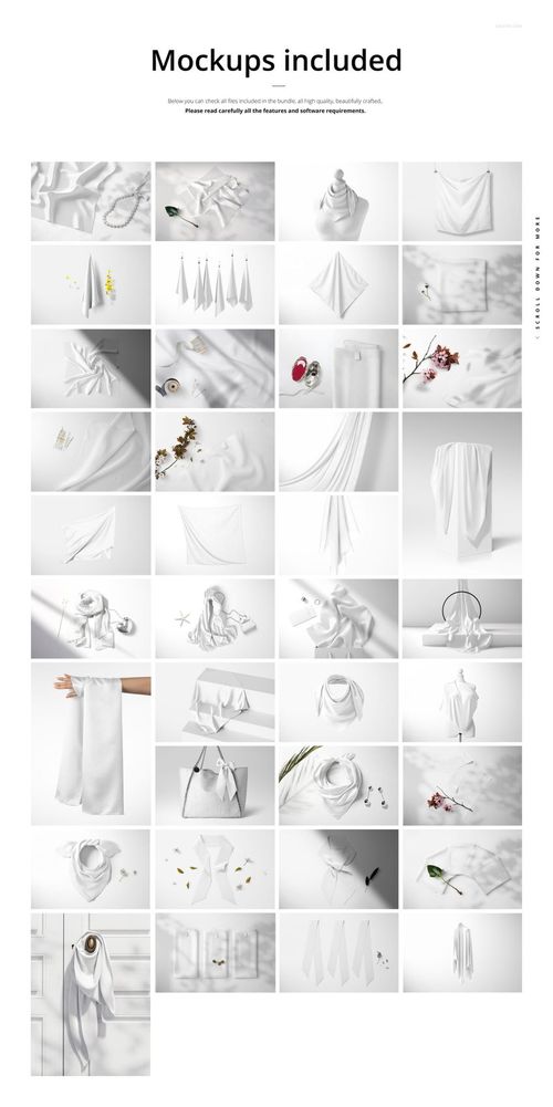 Multiple silk fabric mockups arranged in a grid, featuring draped, folded, and hanging textiles in white tones.