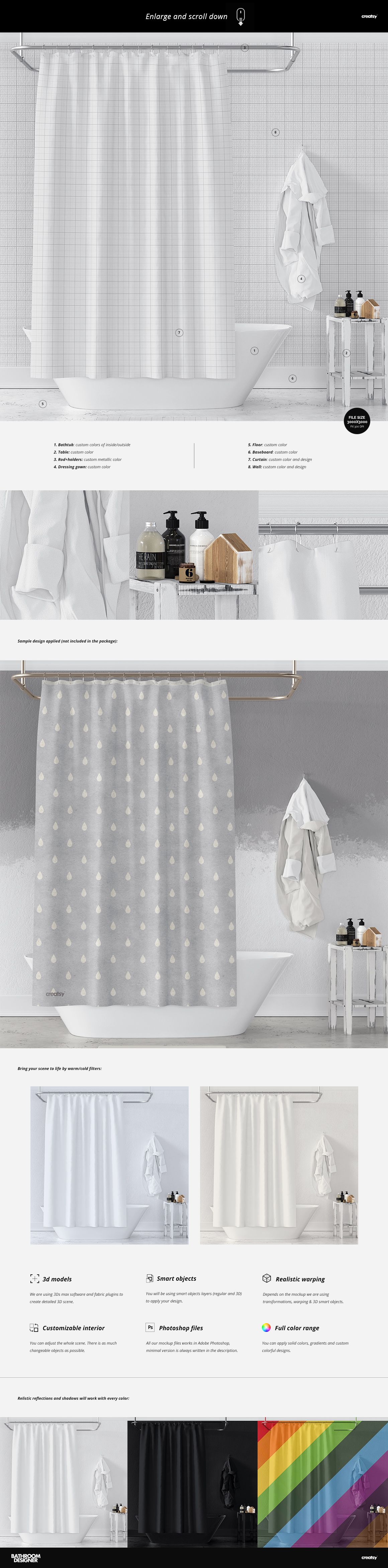 PSD mockup of a bathroom setup showing a shower curtain, hanging towels, and bath accessories on a tray, with a tiled wall backdrop.