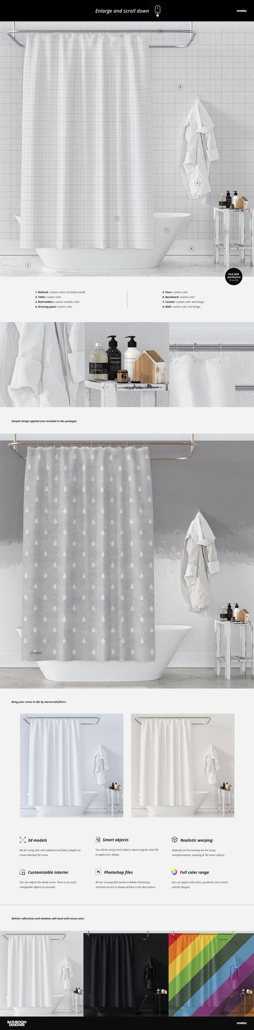 PSD mockup of a bathroom setup showing a shower curtain, hanging towels, and bath accessories on a tray, with a tiled wall backdrop.