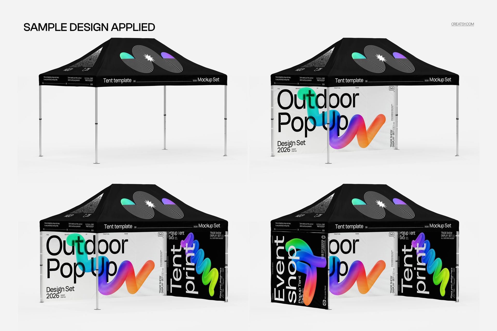 Pop up tent mockup with black canopy and colorful abstract graphics, shown from front and angled views on a white background.